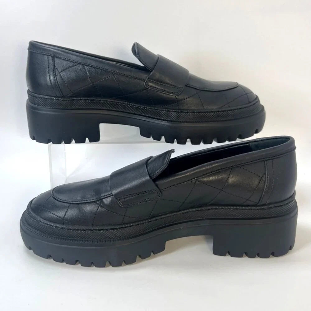 AGL Mary Quilted Leather Loafers Black Chunky Heel Women Size 38